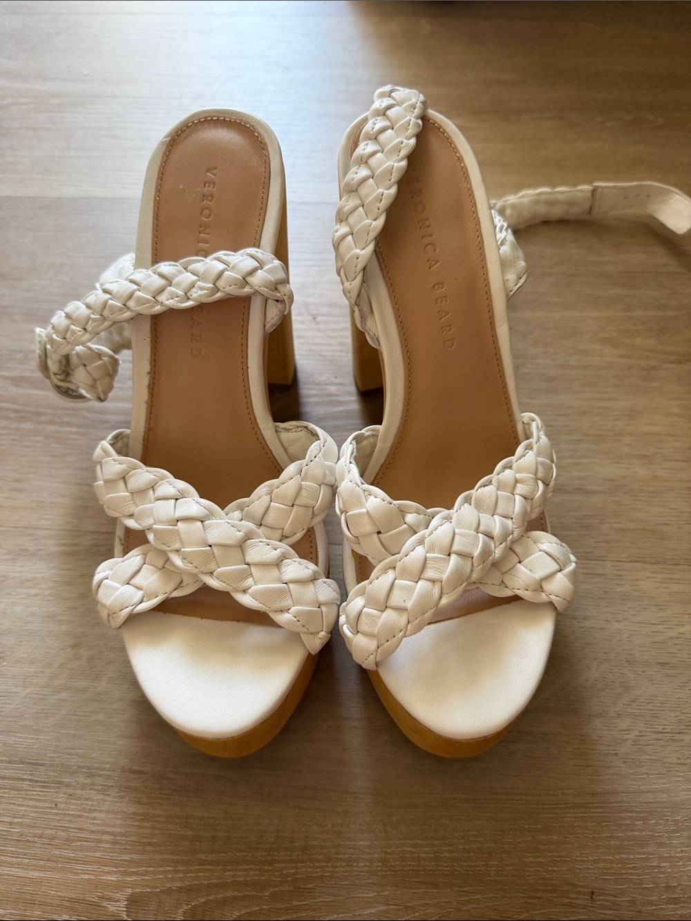 Veronica Beard Cream Braided Block Heel Sandals